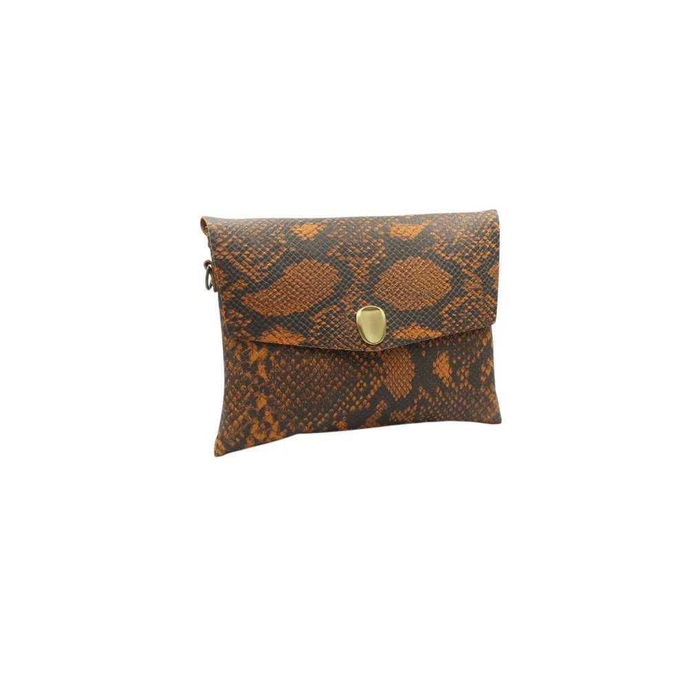 Leather envelope bag with flap closure and detachable strap brown snake print color