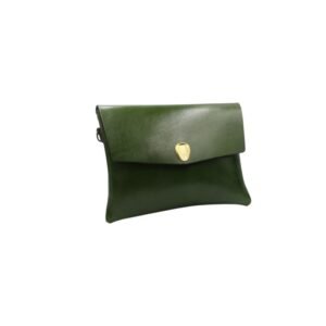 Leather envelope bag with flap closure and detachable strap green color