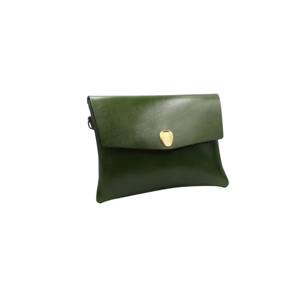 Leather envelope bag with flap closure and detachable strap green color