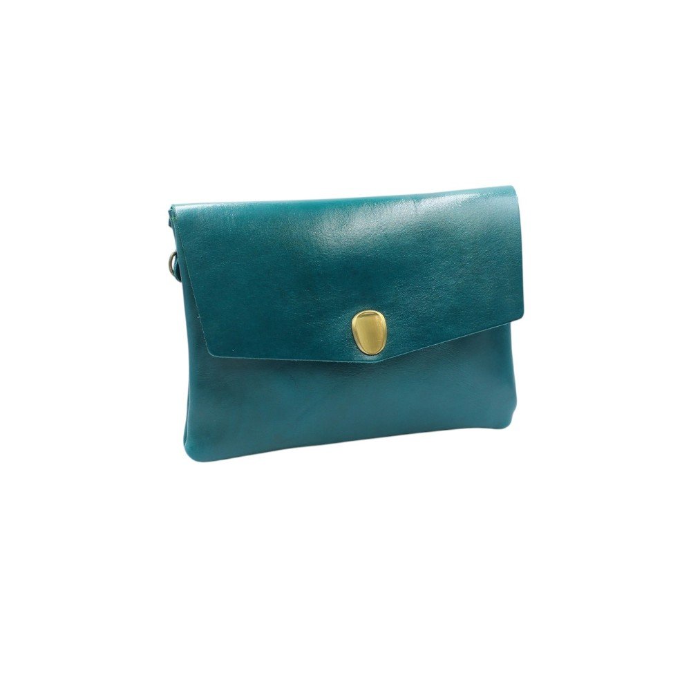 Leather envelope bag with flap closure and detachable strap tirquoise color