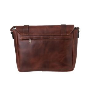 Leather messenger bag for crossbody & shoulder carry with zipper pocket on the back