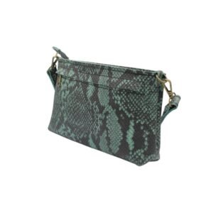 Handcrafted leather shoulder and crossbody bag with snake print with zipper pocket on the back
