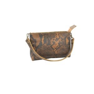 Handcrafted leather shoulder and crossbody bag with snake print brown color