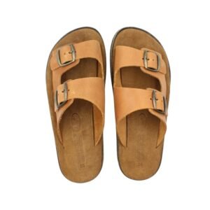 Tan leather anatomical slippers with double buckle straps
