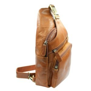 Δερμάτινη τσάντα στήθους με πολλές θήκες & αμφιδέξιο σχεδιασμό ταμπά χρώμα, πλάγια λήψη