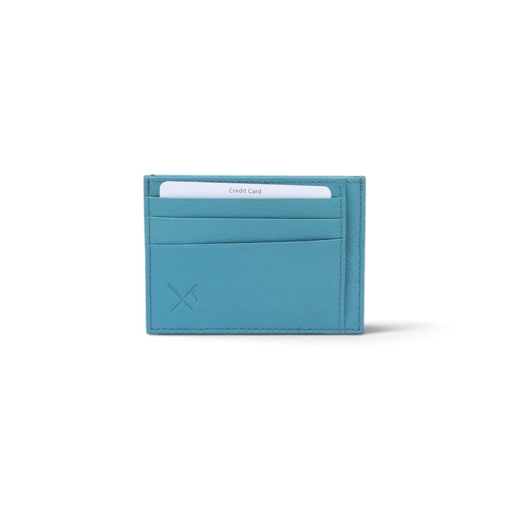 Double-sided leather card holder with RFID protection turquoise color