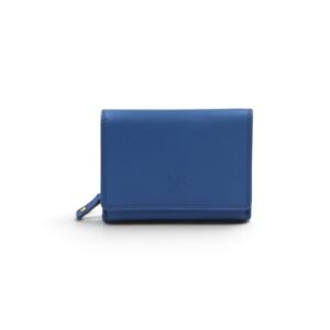 Medium sized leather wallet with an exterior coin pocket blue color