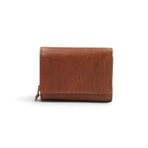 Medium sized leather wallet with an exterior coin pocket tan color
