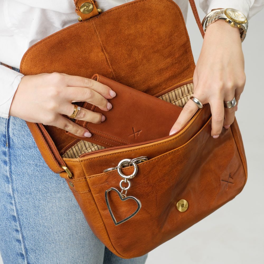 Large leather crossbody bag with a flap and zipper closure and one main compartment
