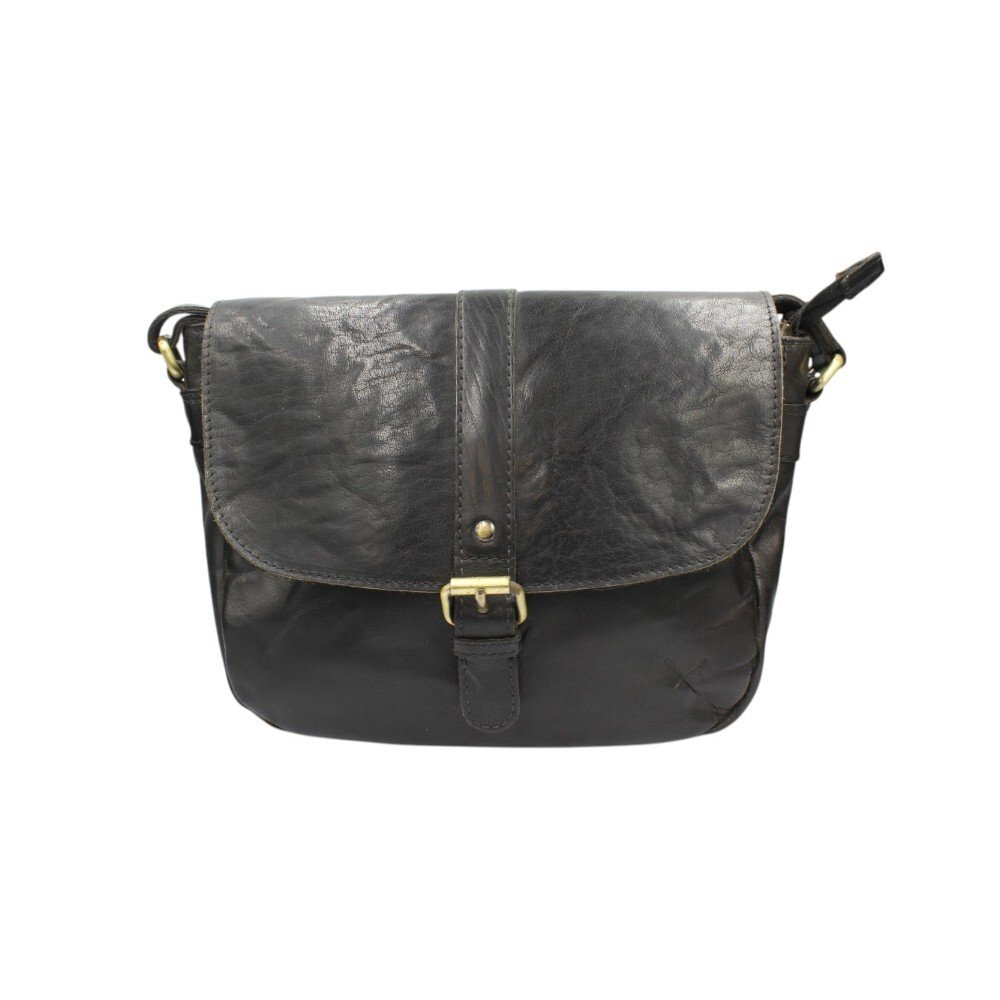 Large leather crossbody bag with a flap and zipper closure black color