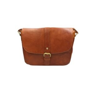 Large leather crossbody bag with a flap and zipper closure tan color