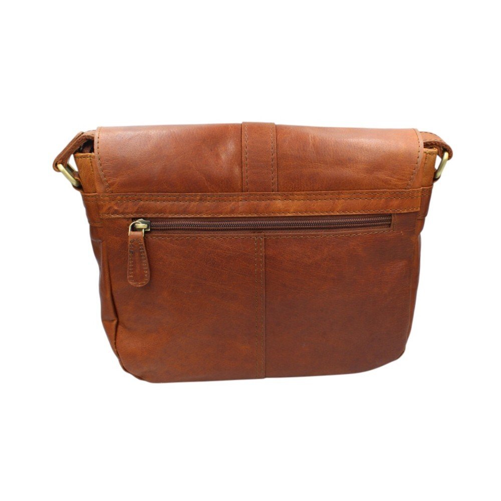 Large leather crossbody bag with a flap and zipper closure with zipper pocket on the back